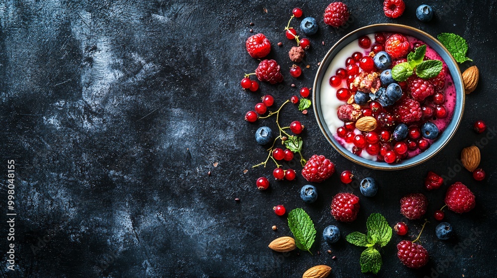 Poster a close-up of a colorful fruit bowl with fresh berries nuts and yogurt representing a balanced nutri
