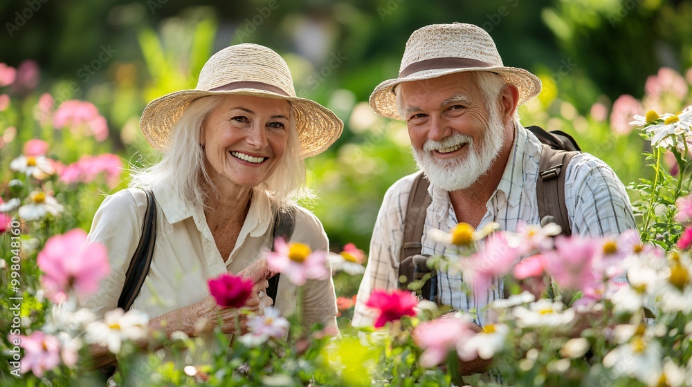Poster a senior couple walking through a garden with big smiles on their faces representing active aging an