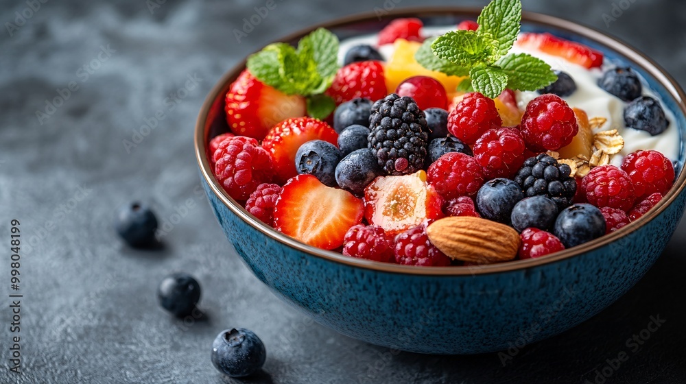 Poster A close-up of a colorful fruit bowl with fresh berries nuts and yogurt representing a balanced nutritious breakfast for energy and health Large space for text in center Stock Photo with copy space