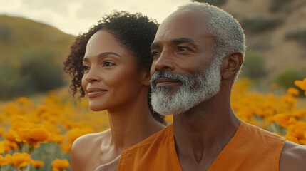 A senior couple walking through a garden with big smiles on their faces representing active aging and the health benefits of staying physically active Large space for text in center Stock Photo with