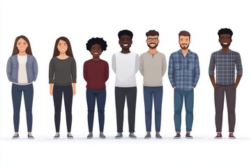 Obraz premium Group portrait of diverse individuals standing side by side symbolizing unity equality and social representation in a clean minimalist illustration with neutral tones