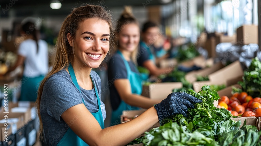 Poster a group of people volunteering at a food bank packing boxes with smiles on their faces emphasizing t