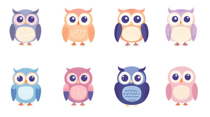 Minimal pastel owl set of icons with rounded features and soft colors placed on a clean background