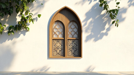 Elegant wooden window design adorned with intricate patterns on a white wall
