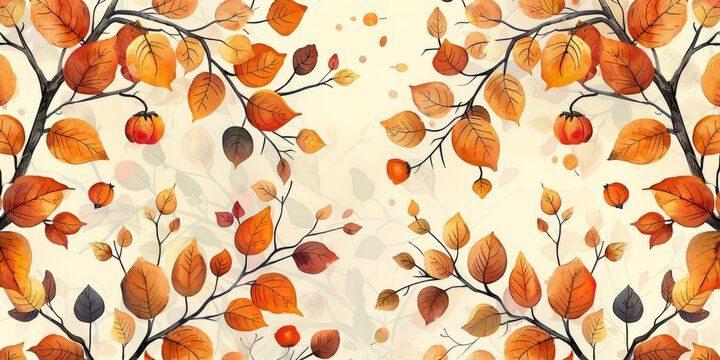 a pattern of intertwining autumn branches and vines, decorated with tiny pumpkins and leaves.