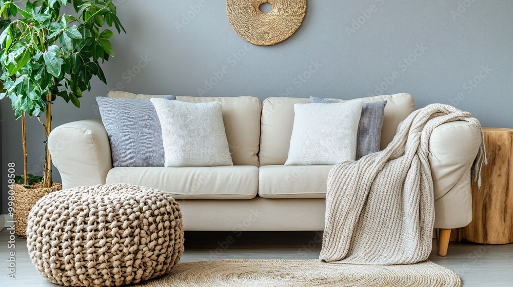 Poster a serene living room with soft natural light and indoor plants representing the creation of a peacef