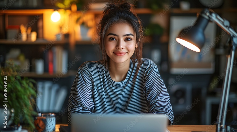 Fototapete an asian content creator sitting at a desk with a ring light illuminating her face while she speaks 