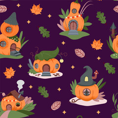 Сute fairy pumpkin houses seamless pattern. Halloween fantasy pumpkin purple background. Autumn vector print fabric, packaging, paper, wallpaper and other surfaces.
