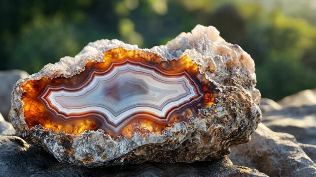 A large agate with beautiful banding sits on a rocky surface