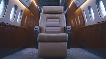 Luxurious leather recliner inside a private jet cabin with polished wooden accents