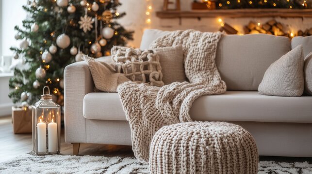 Beautiful cozy home wallpaper. Christmas festive indoor scene with Xmas tree, candles, knitted blanket, round ottoman. Winter holiday living room. Winter indoor atmosphere with stylish furniture