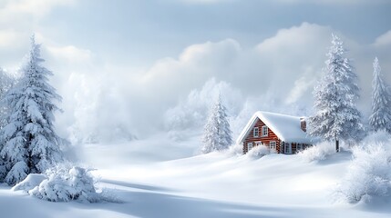 Naklejka premium Snowy landscape with a cabin and trees on a blank white page
