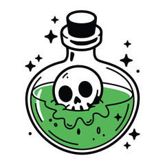 Skull floating in a green potion bottle in cartoon style