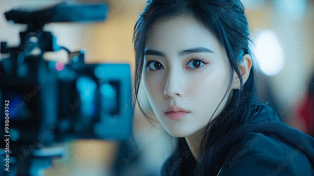 Poster an asian beauty creator adjusting the focus on her camera before starting a live streaming session i