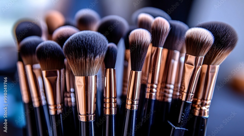 Poster A beauty influencer unboxing a new set of makeup brushes with excitement while recording a review video in a stylish home setting emphasizing authenticity and engagement Large space for text in