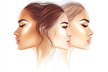 Fototapeta premium Artistic portrait of two women with glowing skin and soft lighting symbolizing beauty femininity and connection in a delicate detailed illustration