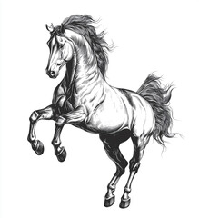 A dynamic black-and-white illustration of a powerful horse in full gallop, kicking up dust behind it