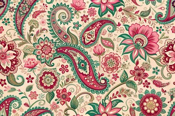 Floral paisley pattern of pink flowers and leaves on a seamless textile background