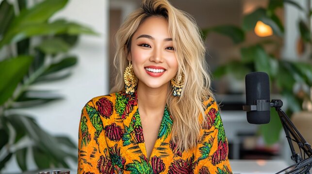 An Asian influencer laughing naturally while responding to viewer comments during a live streaming session in her cozy and chic home studio setup Large space for text in center Stock Photo with copy
