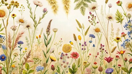floral pattern of wildflowers and field plants and dry grass