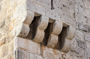 Detail of the intricate stone relief work embellishing the Jaffa Gate in the Old City of Jerusalem.