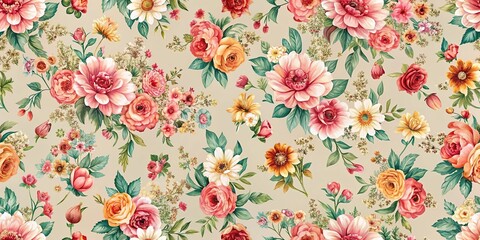 Floral pattern with asymmetrical design suitable for fabrics, packaging, and wallpaper