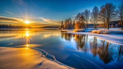 Winter landscape with a frozen river and a beautiful sunset reflection