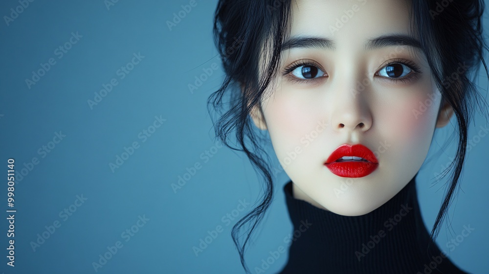 Aufkleber an asian beauty influencer applying lipstick slowly while describing the shade and texture to her au
