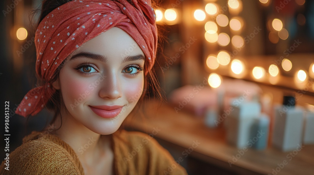 Poster a beauty influencer sitting by her vanity table with a soft smile on her face talking to the camera 