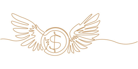 Continuous single one line drawing art of money paper flying with wings. Vector illustration of loss dollar banknote money, continuous line drawing of dollar coin with wings. Flying money. Economy