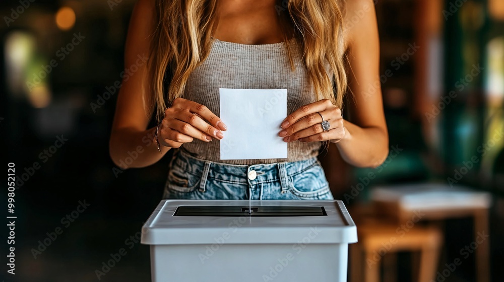 Aufkleber a close-up of a voter dropping a completed ballot into a ballot box at a polling station representin