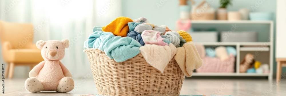 Poster a laundry basket overflowing with vibrant children's clothes and cuddly toys sits in a sunlit room, 