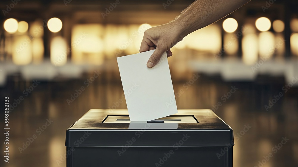 Poster A close-up of a voter dropping a completed ballot into a ballot box at a polling station representing civic duty and participation in democracy Large space for text in center Stock Photo with copy
