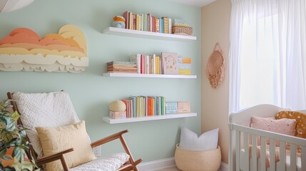 A bright and airy nursery with pastel walls, floating shelves for books, and a cozy rocking chair