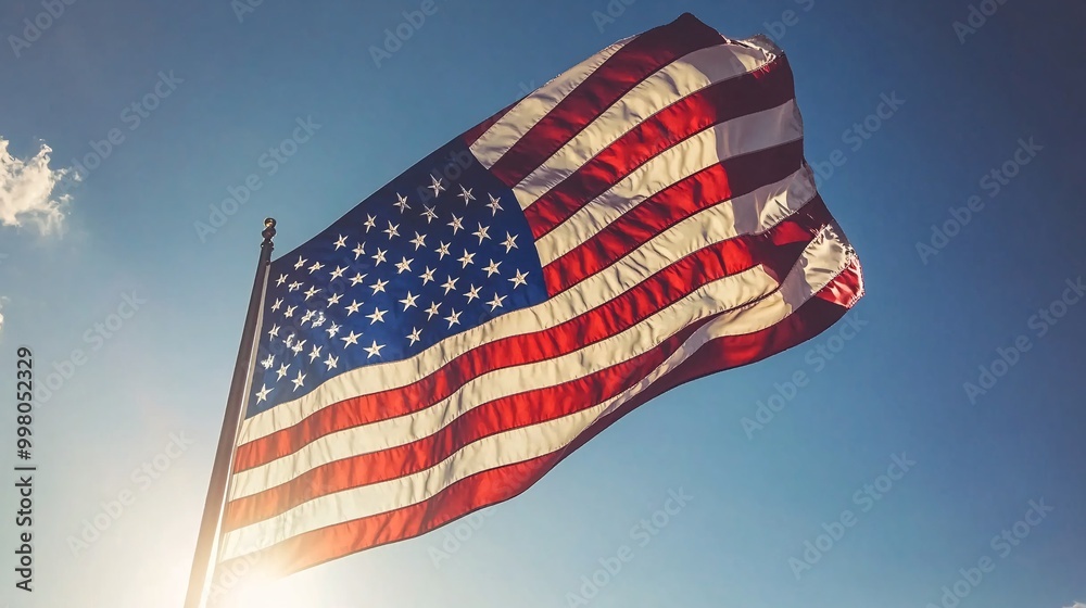 Poster an image of a large american flag waving proudly against a blue sky symbolizing patriotism unity and