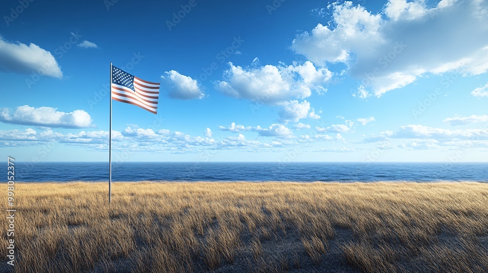 Poster an image of a large american flag waving proudly against a blue sky symbolizing patriotism unity and