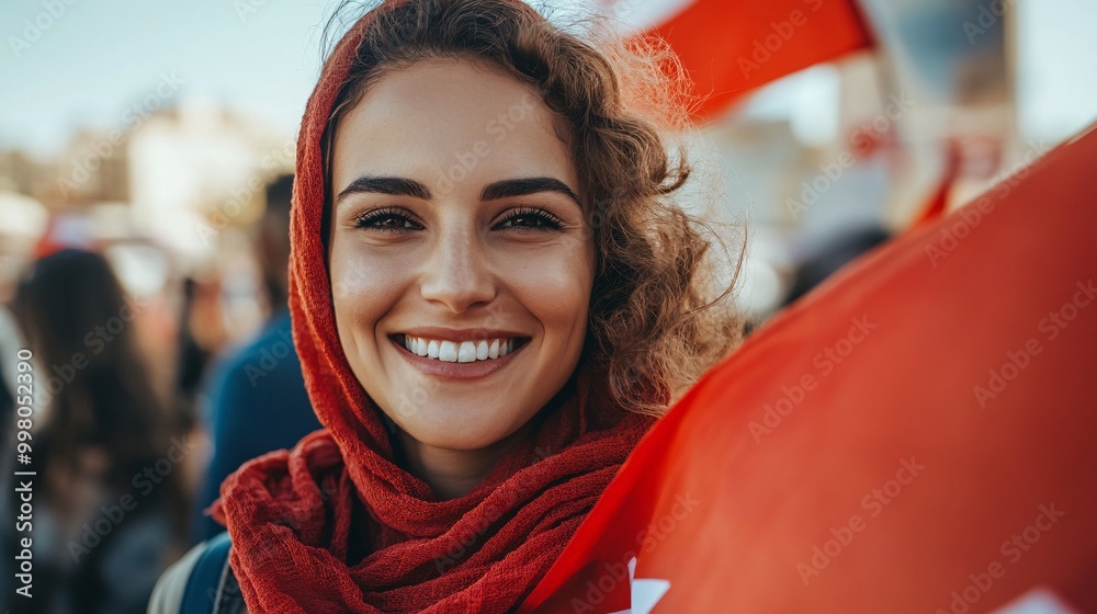 Poster a diverse group of people standing together and smiling while holding american flags representing in