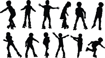 Set of toddler roller skating silhouette. Kids playing outdoor activity full body illustration