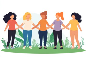 Obraz premium Flat illustration of five diverse women holding hands and standing on a grassy field symbolizing friendship empowerment and unity in a simple clean design