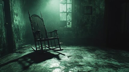 A rocking chair sits in a dimly lit, abandoned room with green light illuminating the scene.