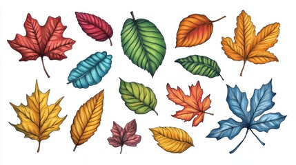 Obraz premium autumn leaves doodle, colorful autumn leaves doodle set is ideal for diy crafts, scrapbooking, and autumn decorations get creative with this lively design