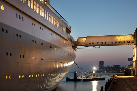 Footbridge to the aft deck of ship the SS Rotterdam at dusk