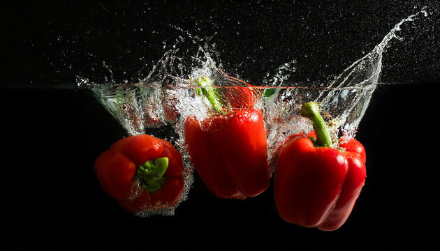 Fresh red bell peppers and water splash against black background. Natural vegetable. Tasty farm food - Powered by Adobe