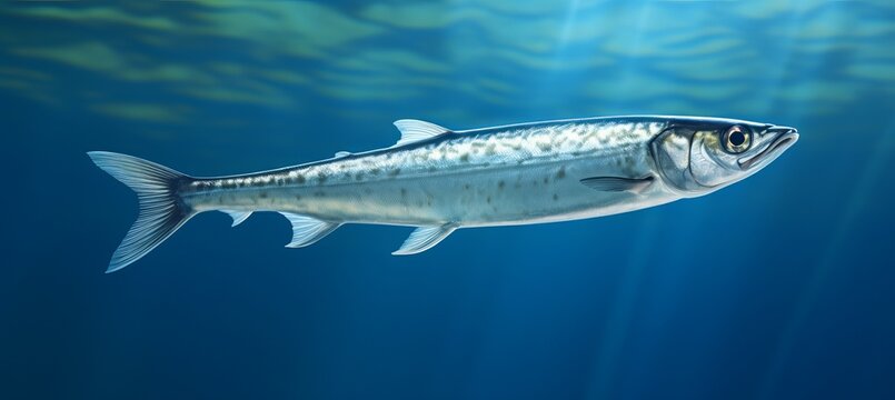 A silvery fish swims gracefully in deep blue ocean waters under soft sunlight