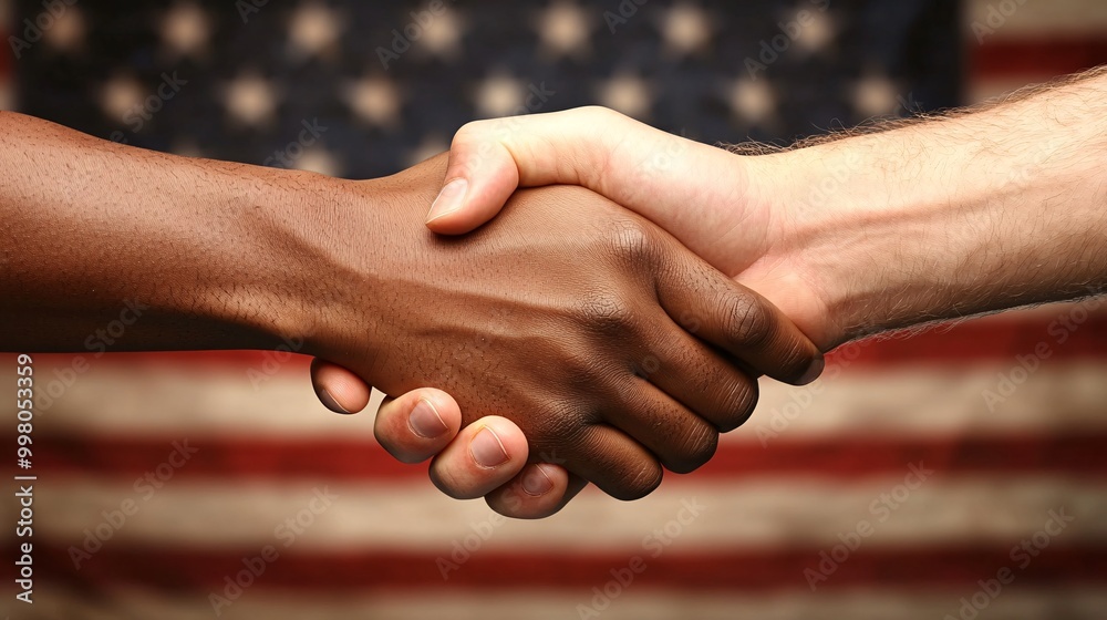 Poster A handshake between two political leaders in a formal setting symbolizing cooperation and bipartisan efforts for the betterment of the country Large space for text in center Stock Photo with copy