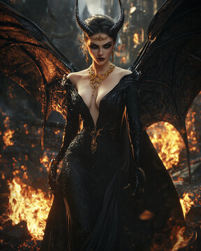 elegant demon queen stands before fiery ruins, her piercing gaze commanding attention