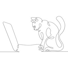 Cat with a desktop computer, a laptop with a pet.One continuous line.Cat logo.One continuous drawing line logo isolated minimal illustration.