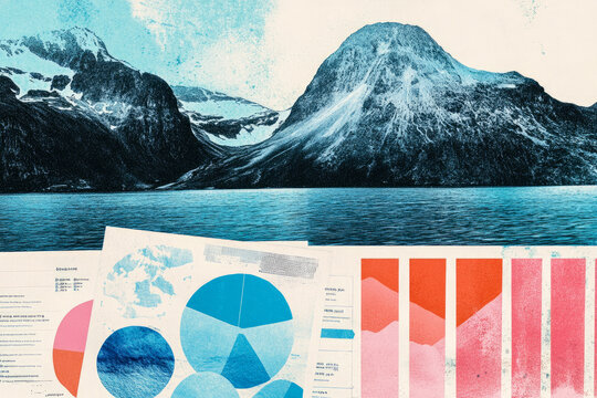 A mountain landscape with a serene lake is overlaid with graphs and charts, blending nature with abstract data visualization design.