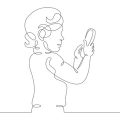 One continuous line.Kid with smartphone.Child playing with the phone. Children's gadget.One continuous drawing line logo isolated minimal illustration.
