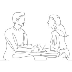 Young loving couple in a cafe. A woman and a man sit for coffee and food. One continuous line .One continuous drawing line logo isolated minimal illustration.